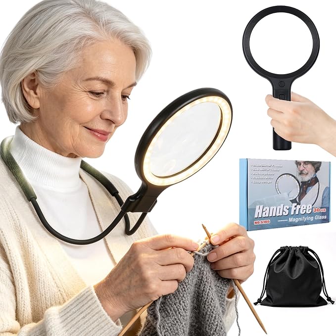 Magnifying Glass with Light for Reading & Crafts, 3-in-1 Rechargeable Neck Magnifier with Comfort Sponge, 5X 10X Optical PMMA Lens, 30 LEDs (3 Colors), Hands Free Magnifier for Seniors, Sewing