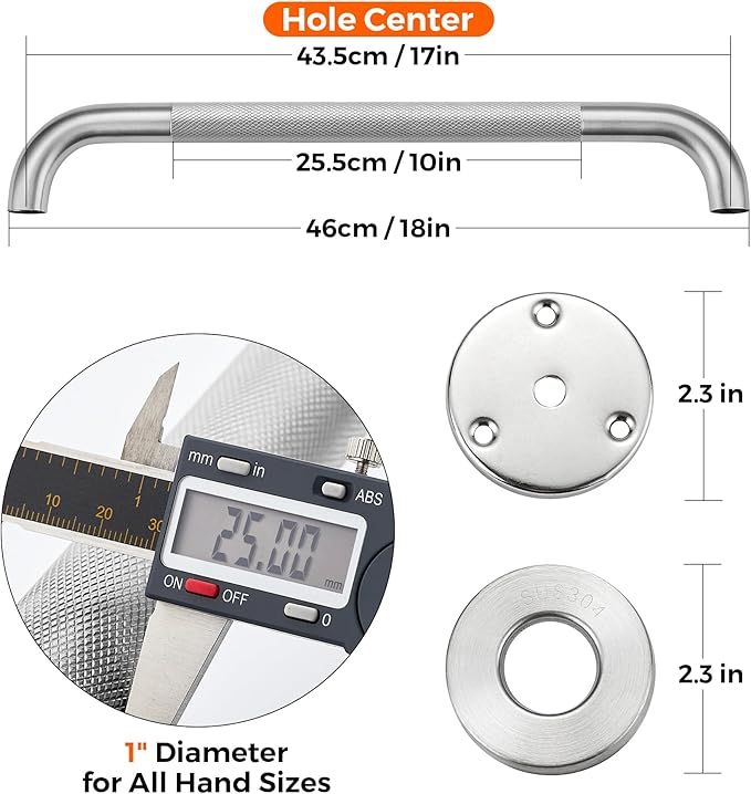 Grab Bars for Shower, 1 Pack 18-Inch Anti Slip Shower Handles for Elderly, Safety Shower Grab Bar, Stainless Steel Handicap Grab Bars for Bathroom,Toilet (Brushed Nickel, 1" Diameter)