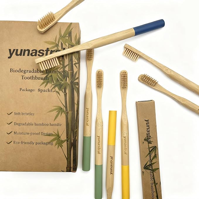 8 Pack Bamboo Toothbrushes - Soft Bristles, BPA Free, Eco-Friendly Natural Wooden Toothbrushes for Adults & Family, Zero Waste Compostable Handle