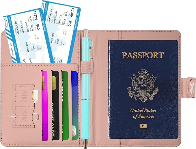 Passport Holder, Cute Travel Wallet Cover with RFID Blocking,Pink | PU leather travel wallet with magnetic closure, card slots, pen loop, and easy access for passports and essentials.
