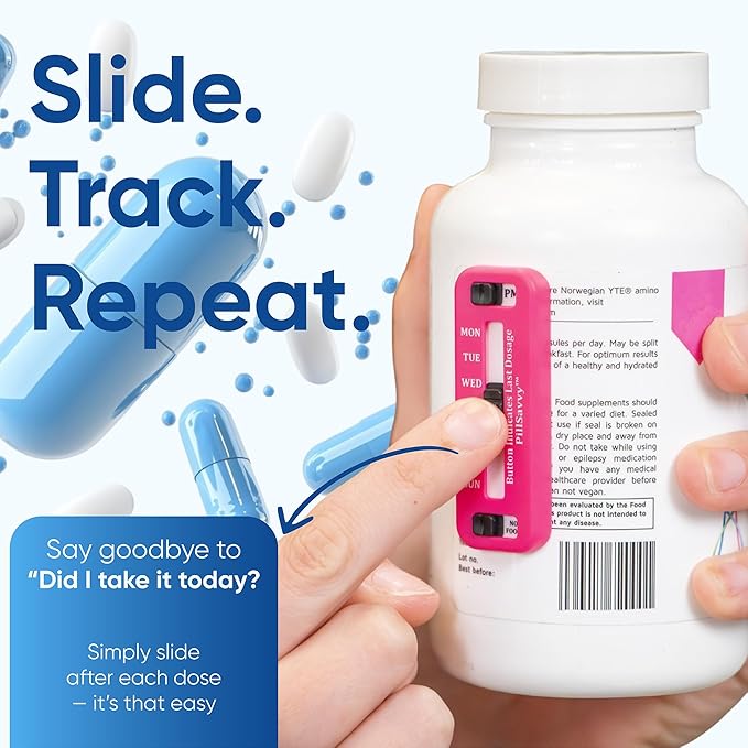 PillSavvy™ Daily Pill Tracker – Non-Digital, Reusable Medication Reminder for Bottles & Organizers – Easy to Use, Curved Back – Track Prescriptions, Vitamins, Supplements & Pet Meds (Pink, 5 Pack)