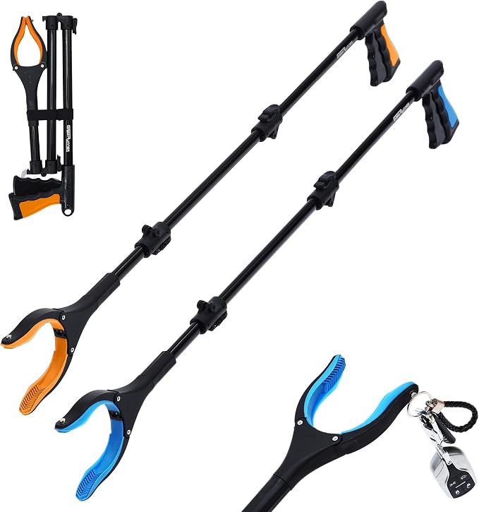 38" Extra Long Grabber Reacher Tool – 2 Pack Extra Long Foldable Reacher Grabber Pickup Tools with 360° Rotating Jaw - Heavy Duty Pick Up Grabbers for Seniors, Trash, Surgery Recovery (Orange Blue)