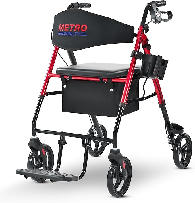 Metro Mobility 2 in 1 Rollator Walker & Transport Wheelchair, Foldable Lightweight Rollator Walker with Seat, 8" Big Wheels for All Terrain, 300 lb. Weight Capacity, Red