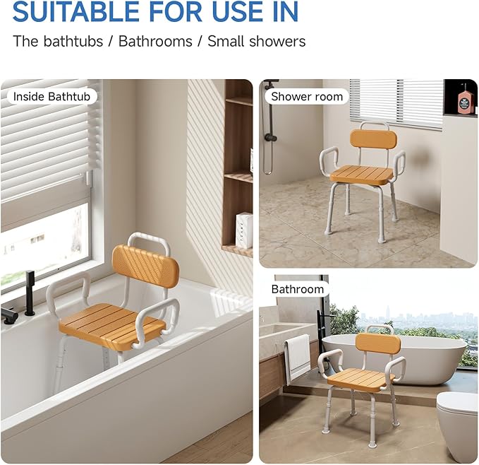 360° Swivel Shower Chair with Removable Arms, Adjustable Height Rotating Shower Chair for Inside Shower for Seniors and Disabled，Tool-Free 3-Min Assembly，Brown