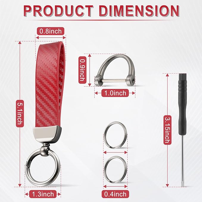 JUSTTOP Leather Keychain, Carbon Fiber Car Key Chain with Anti-Lost D-Ring and 2 Key Ring, Keychain Wristlet, Car Accessories, Universal Keychain for Men and Women (Red)