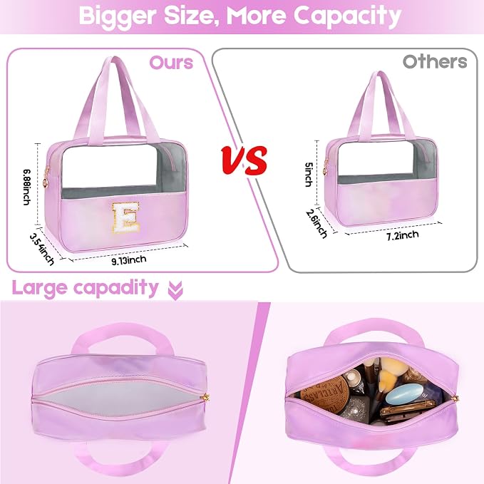 Personalized Initial K Clear Purple Makeup Bag - Large Travel Toiletry Bag, Cute Cosmetic Organizer Set for Girlfriend, Teacher, Teen Girl Gifts