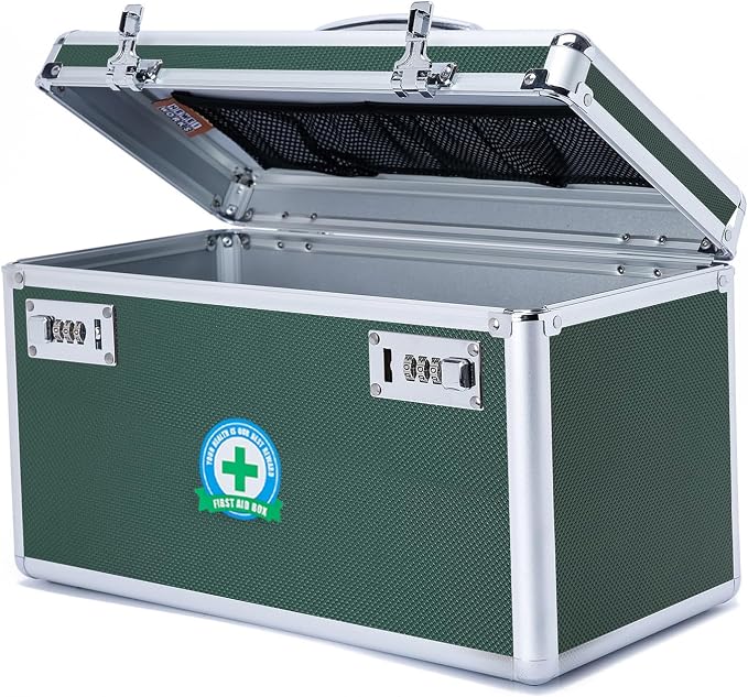 Large capacity Locking Box， Lockable Medication Box with Portable Storage Case, 15''x 8.7''x 9.3'', Childproof Medicine Lock Organizer, Locked Empty First Aid Storage Case (GREEN)