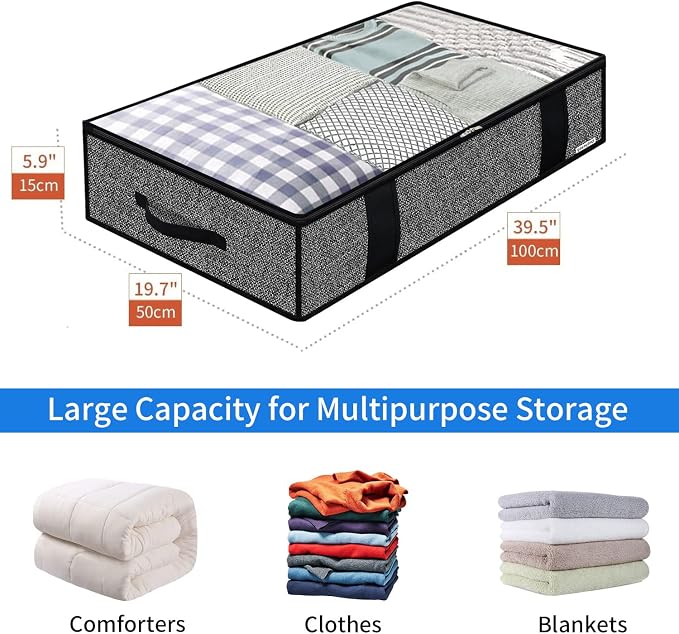Onlyeasy 4 Pack Under Bed Clothes Storage Bags Organizer with Reinforced Handles and Zippers, Foldable Underbed Storage Container Bags for Blankets, Comforters, Bedding, Linen-like Black, MXAUBBP4