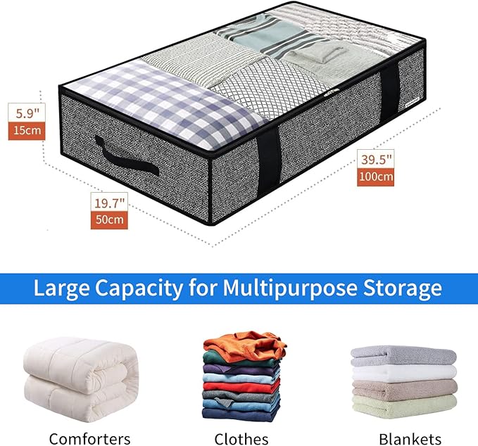 Onlyeasy Foldable Underbed Bags - 2 Pack Blankets Clothes Comforters Storage Bag Breathable Zippered Organizer for Bedroom with Clear Window and 4 Handles, 100 x50 x15cm, Linen-Like Black, MXAUBBP2