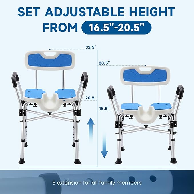 U-Shape Seat Shower Chair for Elderly and Disabled, 600lbs Heavy Duty, Aluminum Alloy, Blue