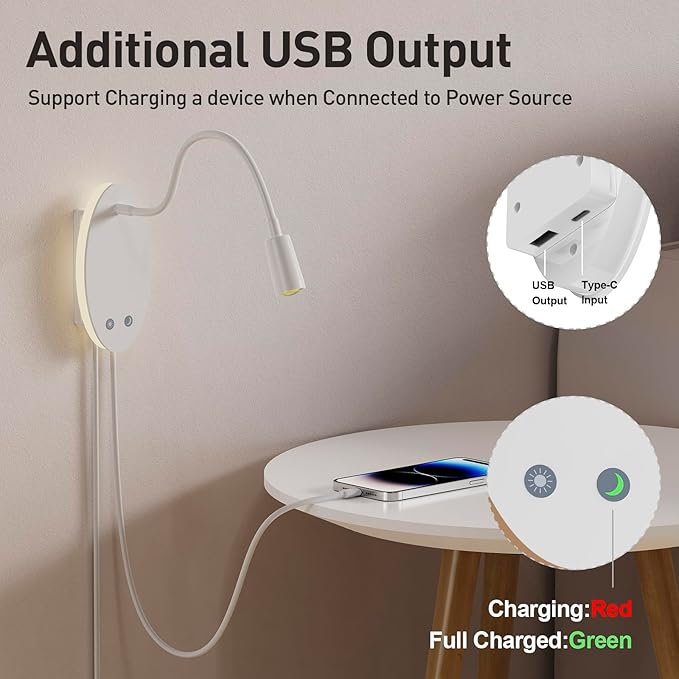 Rechargeable Cordless Reading Light, 360° Adjustable Bedside Lamp, 3 Color Stepless Dimming Night Light, 40H Runtime with Eye-Care, Memory Function, USB Output, Wall-Mounted & Detachable(2pcs)
