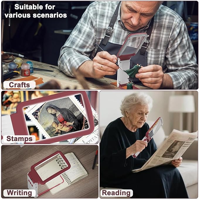 10X Magnifying Glass with Light and Stand, Real Glass Lens, Rechargeable Foldable Handheld Magnifier, 3 Color Modes Dimmable Lighted Page Magnifier for Reading Fine Prints, Seniors - Red White