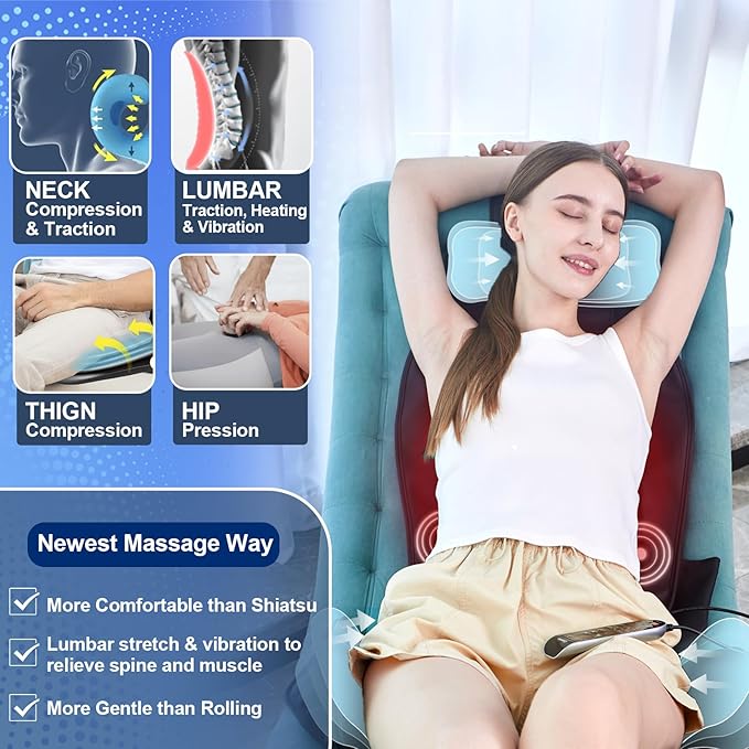 Back Massager with Heat & Traction & Vibration, Seat Massager Pad for Pain Relief Deep Tissue, Lumbar Traction, PU Leather, Foldable, for 5’ to 6’1”, Massage Chair Pad for Office Home