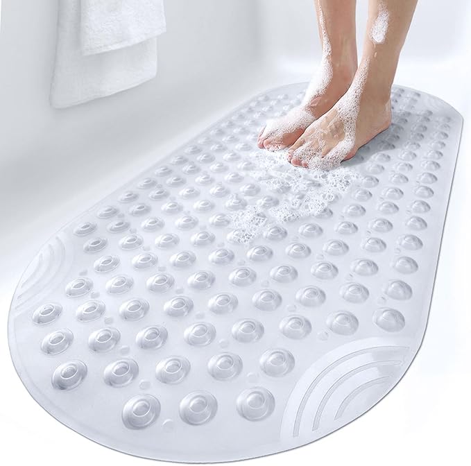 DEXI Bathtub Mat Non Slip 16x35, Shower Floor Mats for Bathroom Bath Tub, Washable Oval Bathmat with Suction Cups and Drain Holes, Clear