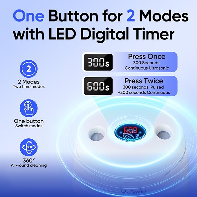 MySmile Dental Ultrasonic Retainer Cleaner Machine- 45kHz UV Denture Cleaner with 200ML Capacity for Aligner, Braces, Mouth Guard, Night Guard, Portable Dental Cleaning Pod with Digital Timer (White)