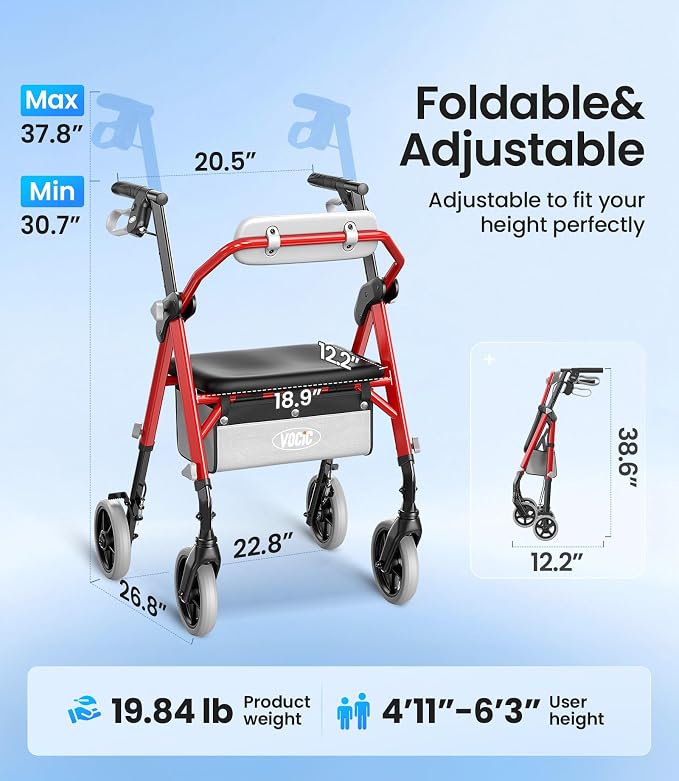 VOCIC Z11 Rollator Walker for Seniors with Seat, 380 LBS | Lightweight Design with Ergo Seat & Backrest, Height Adjustable & Easily Foldable for Seniors' Mobility, Blue