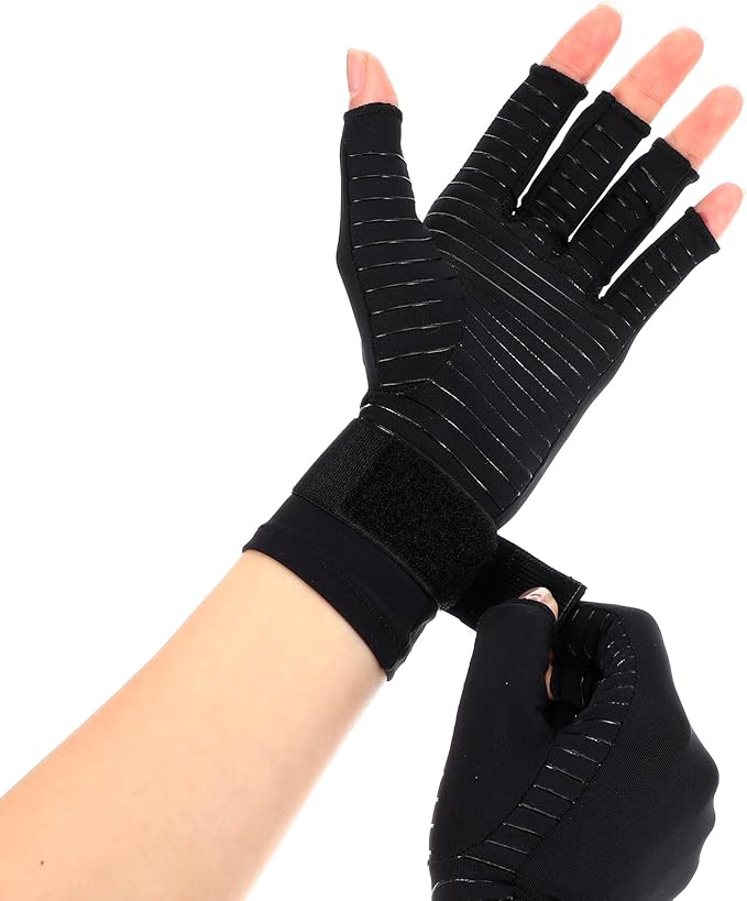 Copper Arthritis Compression Gloves with Wrist Strap, Fingerless Hand Compression Gloves for Women Men Carpal Tunnel