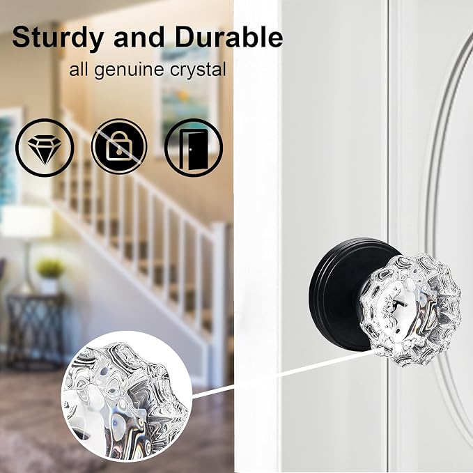 Glass Dummy Door Knobs Interior Matte Black Vintage Crystal Dummy Door Knob | for Hall and Closet, Inactive (2 Pack)