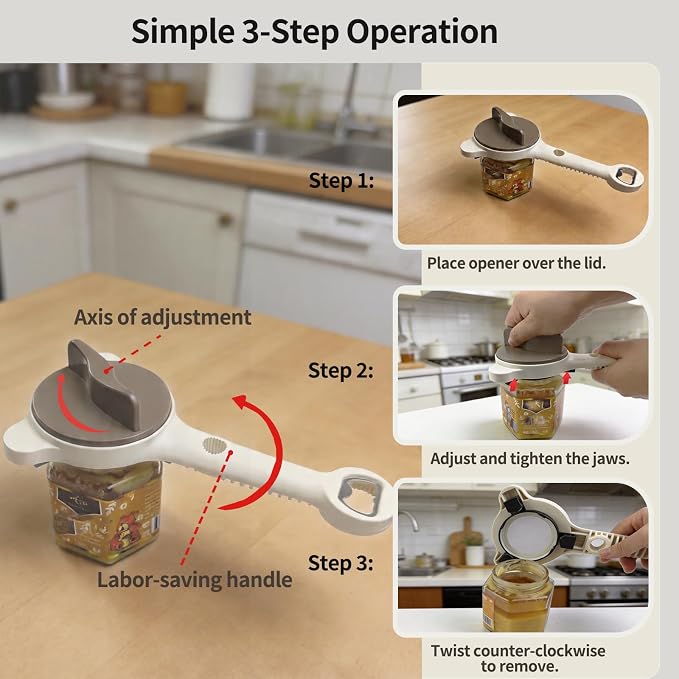 4-in-1 Jar Opener for Weak Hands, Seniors with Arthritis (Beige) | Multi-Purpose Lid Opener, Includes Magnetic Hook & Rubber Gripper, for Jars, Bottles and Beer Caps, Simple Twist-off
