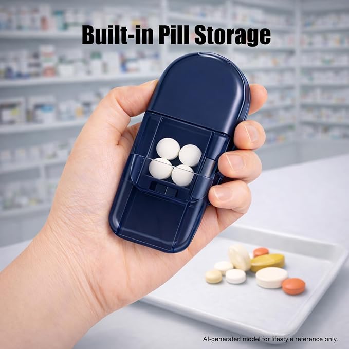 Portable Pill Cutter Splitter for Tiny Pills and Large Tablets, Easy Pill Press and Tablet Divider, Pill Organizer for Vitamins and Prescription Pills with Safety Blade Guard – Blue