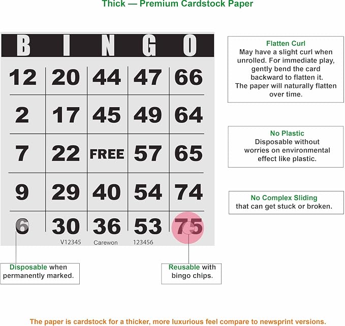 250 Bingo Cards, Large 4.5 x 4.5 Inch, White, Paper Bingo Sheets | 8 Color Options, Premium Cardstock, Disposable with Daubers or Reusable with Chips — Proudly Made in USA