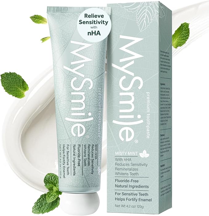 MySmile Fluoride Free Nano Hydroxyapatite Toothpaste for Sensitive Teeth, Strengthens Enamel, Remineralizes & Whitens Teeth, Freshens Breath for Adults, SLS Free, Natural Misty Mint, 4.2 oz