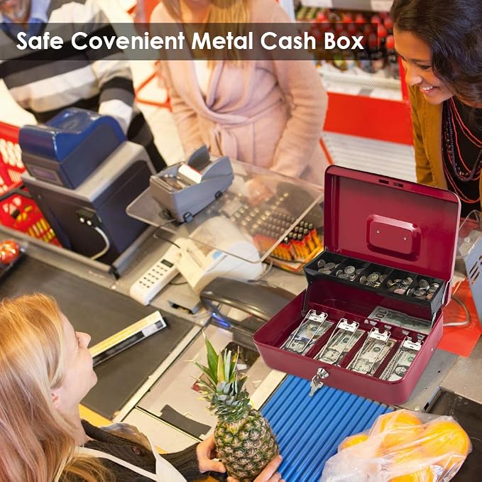 KYODOLED Locking Cash Box with Lock,Money Box with Cash Tray,Lock Safe Box with Key,Money Saving Organizer,11.81Lx 9.45Wx 3.54H Inches,Red XL Large