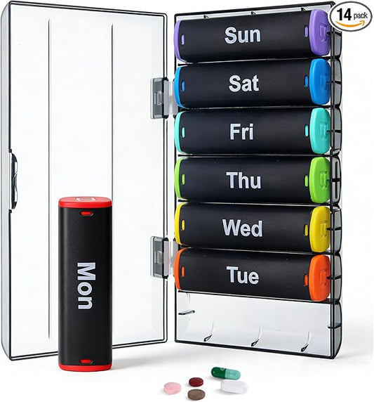 Weekly Pill Organizer 2 Times a Day - 7 Day AM PM Pill Box Large Travel Pill Case, Daily Pill Container Dispenser for Vitamins, Supplements, Fish Oils, Medication Storage Pill Holder, Black