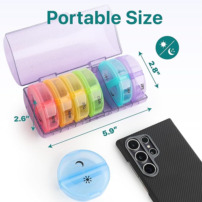 Sukuos Weekly Pill Organizer 7 Day 2 Times a Day, Large Daily Pill Box Easy to Open, Portable AM PM Pill Case for Medicine/Vitamin/Fish Oil/Supplements (Glitter Purple)