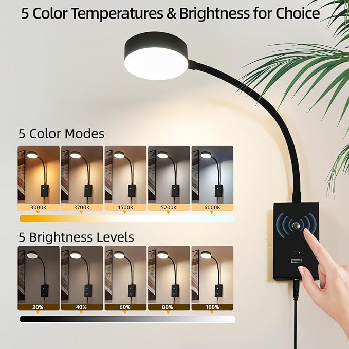 LED Wall Mounted Reading Light for Bed 2Pack, Flexible Gooseneck Book Light for Wall Bedside Lamp with USB-A/C Output,Touch Control 5 Dimmable Headboard Bed Lights