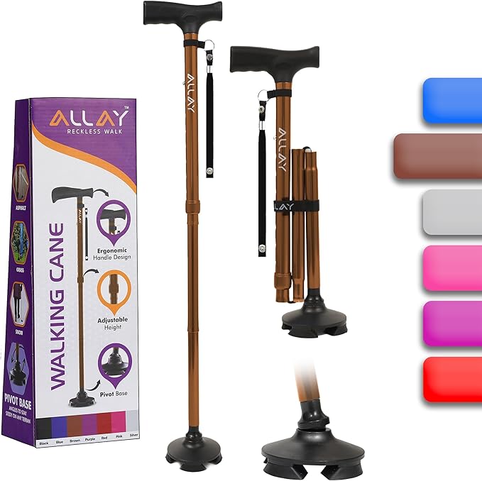 Allay Walking Cane for Men & Women - Foldable, Adjustable, Collapsible Walking Canes for Seniors Balance, Free Standing, Pivot Tip, Heavy Duty, with Travel Bag | Walking Sticks for Seniors & Adults