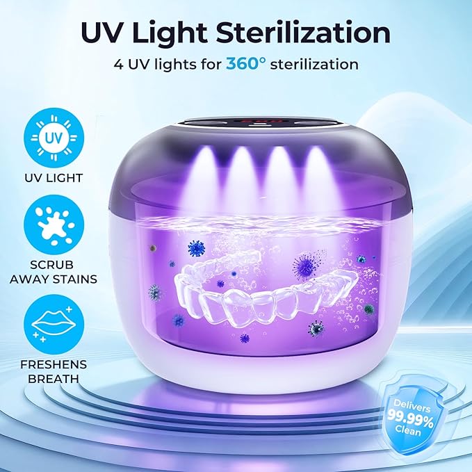 Ultrasonic Retainer Cleaner Machine, Denture Cleaner for Mouth Guard, Night Guard, Aligner, Dentures, Jewelry, Toothbrush Heads, 45kHz 250ML UV Ultrasonic Denture Ultra Sonic Cleaning for Retainers