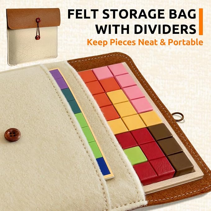 Wooden Tile Matching Game for Seniors, Dementia Activities with 40 Double-Sided Pattern Cards, Large Solid Wood Tiles and Felt Divider Storage Bag