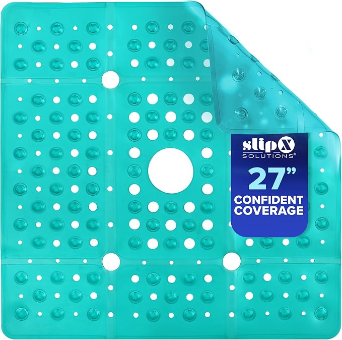 SlipX Solutions 27" Oversize Square Shower Mat, Non-Slip Mat for Elderly & Kids, 100+ Power Grip Suction Cups for Smooth Surfaces, Machine Washable, Transparent Aqua