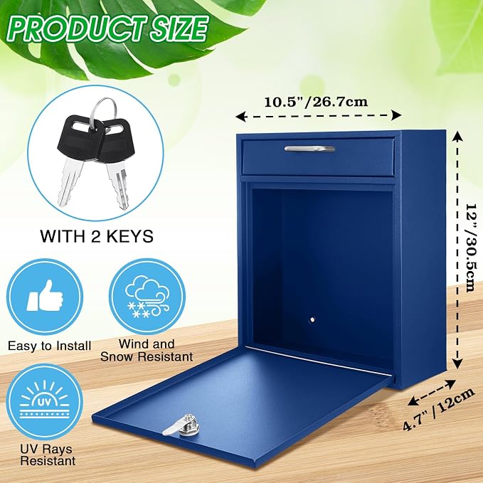 Yaocom Locking Mailbox with Key for Outdoor 12 x 10.5 x 4.7 Inches Large Wall Mount Mail Box with Lock Security Mail Drop Metal Collection Boxes Hanging Secure Postbox(Dark Blue)