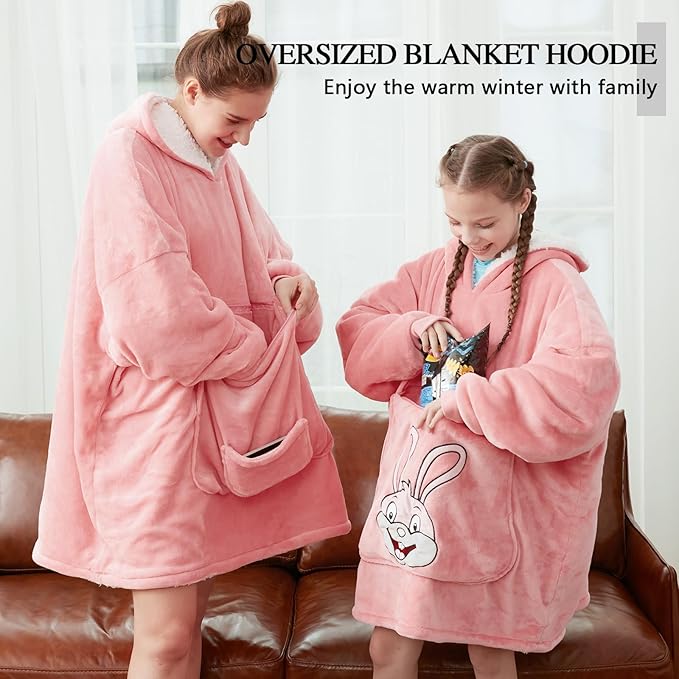 JOYWOO Pink Foldable Wearable Blanket Hoodie,Oversized Cat Lovers Sweatshirt Blanket for Adult, Birthday Gifts for Women,Mom,Men,Cozy Sherpa Hooded Blanket with Giant Pocket and Winter Gifts