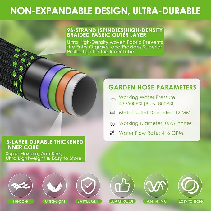 Non-Expanding Garden Hose 100 ft, Lightweight Hose & Flexible Water Hose With 10-Pattern Spray Nozzle, Kink-Free Design, Durable Leakproof Yard Outdoor Hose, Portable Storage Strap, 100 Feet