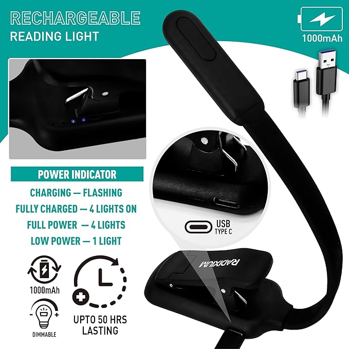 Rechargeable Book Light - 9LED Vertical Reading Light w/ 9 Color Temp, Stepless Dimming, 50H Battery, USB-C, Clip & Magnet - Gift for Book Lovers