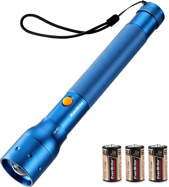 EverBrite Ultra Bright Tactical Flashlight, 900 Lumen Zoomable Adjustable Focus, 3 Light Modes, Heavy-Duty Aluminum Torch for Hurricane Supplies Camping, Includes 3C Alkaline Batteries-Blue