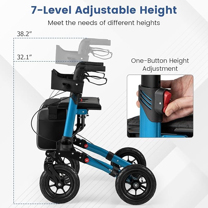 Goplus Walkers for Seniors with Seat, 2 in 1 Folding Rolling Rollator Walker with 9" Pneumatic Tires for All Terrain, Height Adjustment, Ergonomic Backrest, Aluminum Adult Mobility Walking Aid