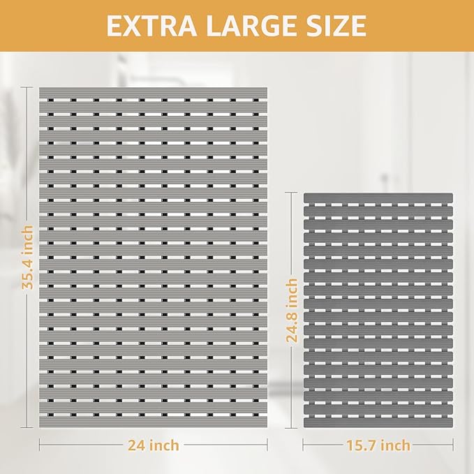 Yolife PVC Large Shower Mat, 35.4 × 24 Inch Non Suction Cup Non Slip Shower Floor Mat, Easy to Cut & Curlable Stand Up Shower Stall Mat, Heavy Duty Bath Shower Mats for Inside Shower