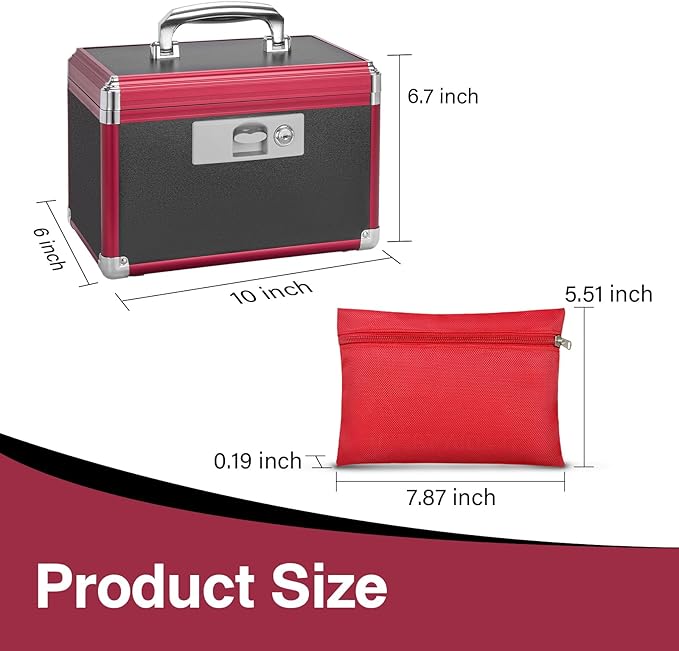 Secure Medicine Lock Box with Key, Childproof Metal Medication Storage Organizer for Home & Travel, Layered Aluminum First Aid Box, Portable & Durable – 10" x 6" x 6.7" Black & Red
