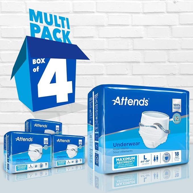 Attends Adult Absorbent Underwear, Large [18 Count] - Maximum Absorbency for Men and Women - Disposable Pull-On Diapers with Tear-Away Sides and Breathable Waistband - AP0730