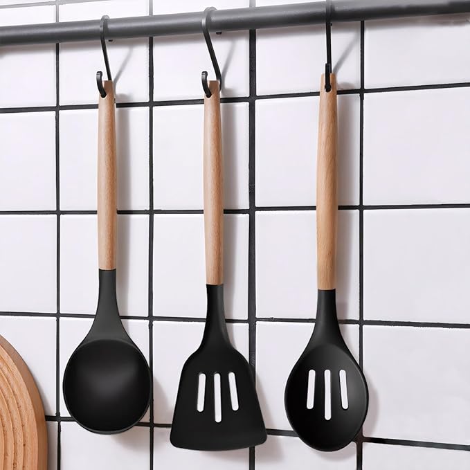 Silicone Cooking Utensils Set of 5, Heat Resistant Silicone Kitchen Utensils Set with Wooden Handle, BPA Free Spatula Spoon Turner Ladle Cooking Kitchen Gadgets for Nonstick Cookware & Baking