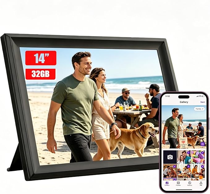 Digital Picture Frames Load from Phone,Video Frame,14" Uhale Digital Picture Frame 32GB,Touchscreen Digital Photo Frame WiFi, Instant Sharing, Unlimited Users,Free App,Gifts for Men/Women(Dad/Mom)