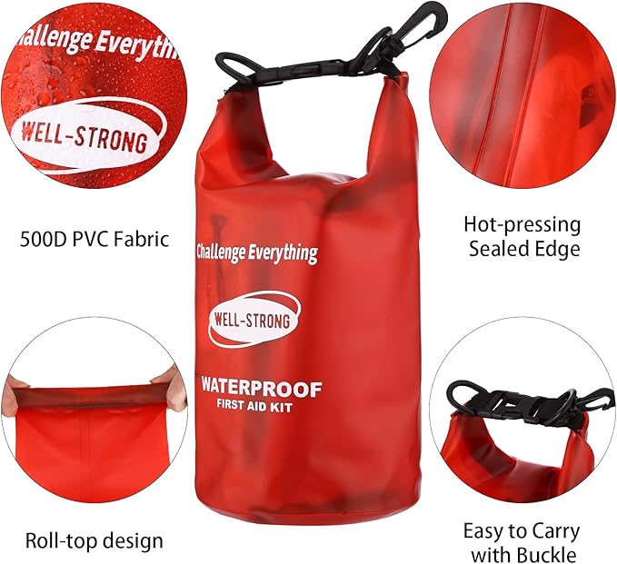 WELL-STRONG Dual Waterproof Boat First Aid Kit, Emergency Marine Kit with Buckles, Compact Boat Safety Accessories for Fishing Kayaking Boating Swimming Camping Rafting Beach Transparent Red