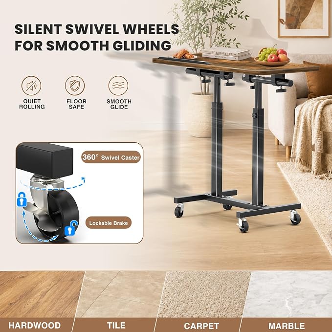 Elowen Rolling Laptop Desk with Wheels, Double-Pole Portable Overbed Table | Mobile Tilting Small Standing Desk, Large-Size Adjustable Height Computer Desk for Office Home Use