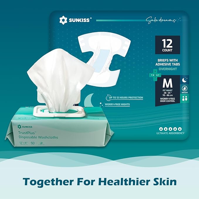 SUNKISS TrustPlus Unisex Adult Diapers, Medium, 12 Count - Heavy Absorbency, Leak Protection, Advanced Odor Control, Extra Soft, Wetness Indicator