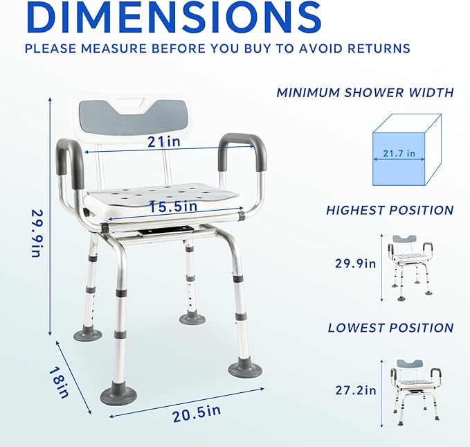 360° Swivel Shower Chair with Padded Arms and Back, Non-Slip Heavy Duty Bench Seat for Seniors, Disabled or Bariatric, Height Adjustable for Inside Shower Stall, Bath Tub, 400 lb Capacity