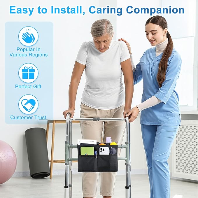 Rhino Valley Walker Basket for Walkers Accessories for Seniors,Black | Basket for Walkers with Multi Pockets, Hand-free Carry Pouch Storage Bag Walker Accessories for Universal Walkers for Seniors
